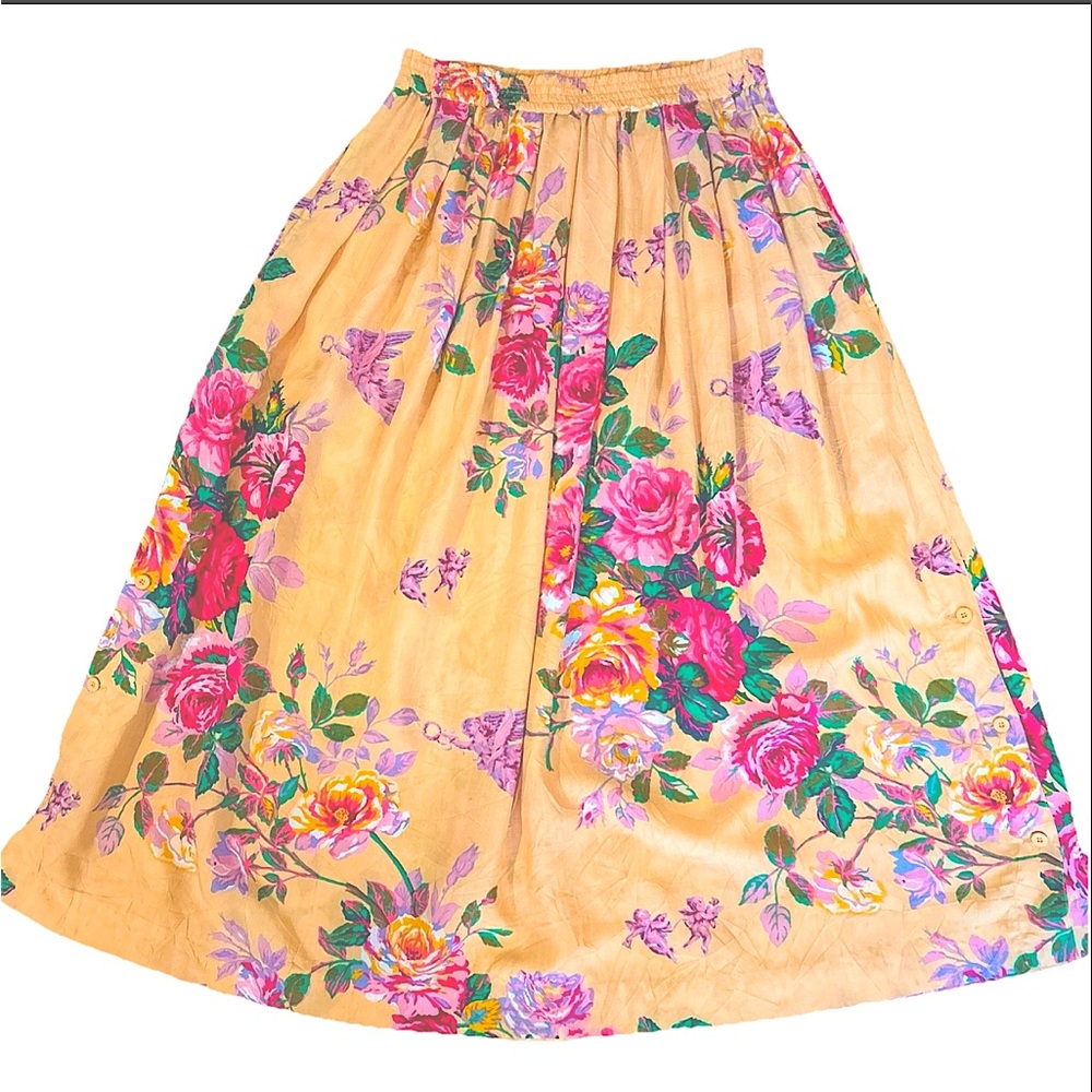 Vintage Floral Yellow Cottage Midi Skirt Pockets Fairy Flowy Size Small Maxi